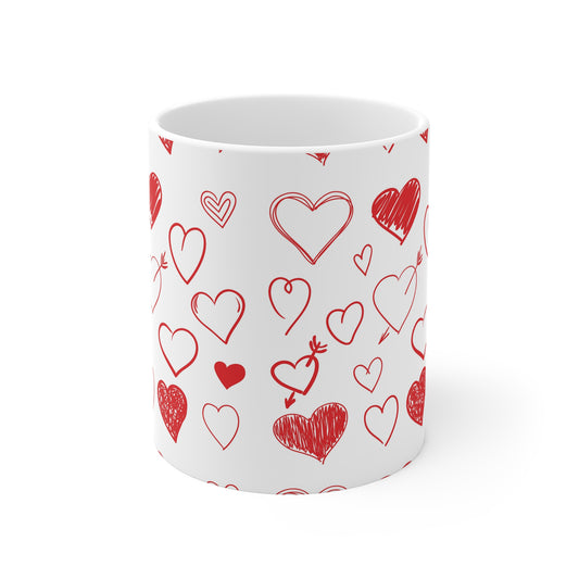 Heart Doodle Coffee Mug — Red Hand-Drawn Hearts Valentine Gift