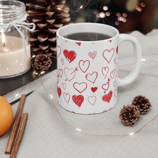 Heart Doodle Coffee Mug — Red Hand-Drawn Hearts Valentine Gift