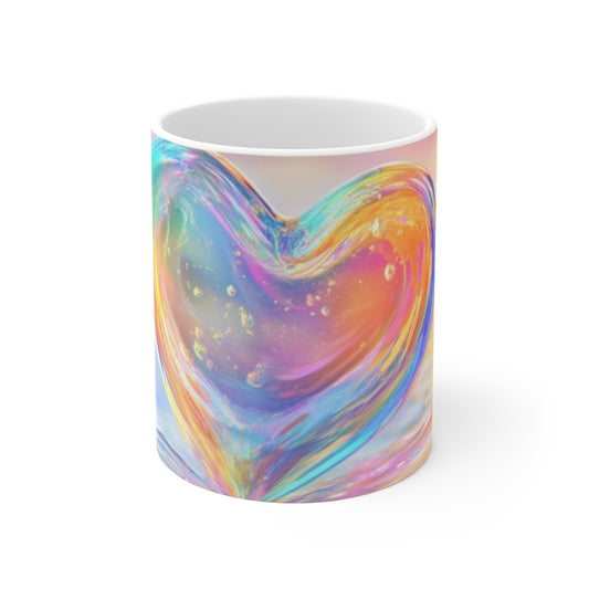 11oz Mug — Iridescent Rainbow Heart Ceramic Coffee Cup